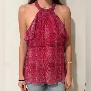 BCBGMAXAZRIA Women's Pink Azaelea Combo Ruffle Silk Halter Top Size Large